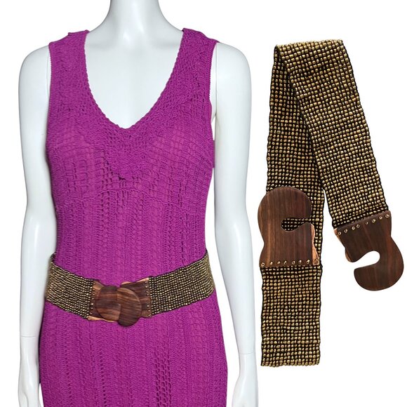 American Vintage Accessories - Vintage Bronze Beaded Belt Wooden Buckle Boho Western Festival. Stretch 32” XL